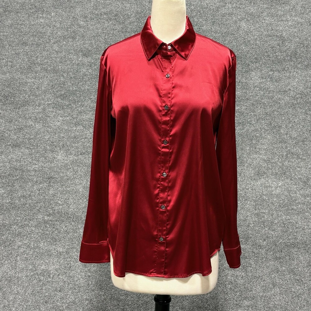 J McLaughlin Shirt Womens Medium Red Satin Button Front Long Sleeve Top Stretch